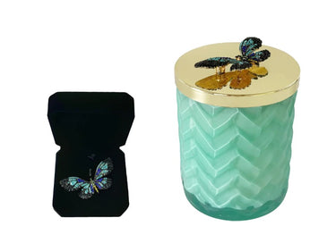 COTE NOIRE - HERRINGBONE CANDLE WITH SCARF - TIFFANY BLUE & GOLD - BUTTERFLY LID - HCG51